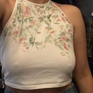 Floral Halter Neck Crop Top - White